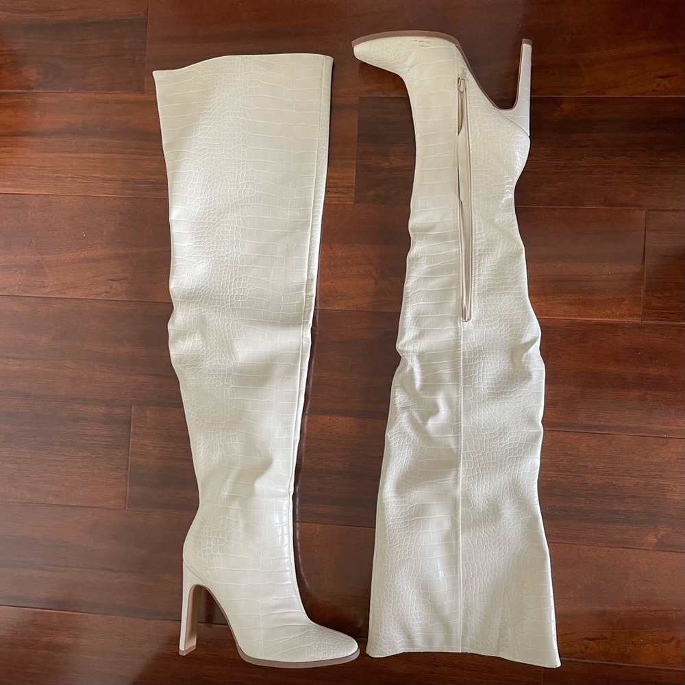 Cream Mock Croc Square Toe Heeled Over The Knee Boots - Picture 1 of 10